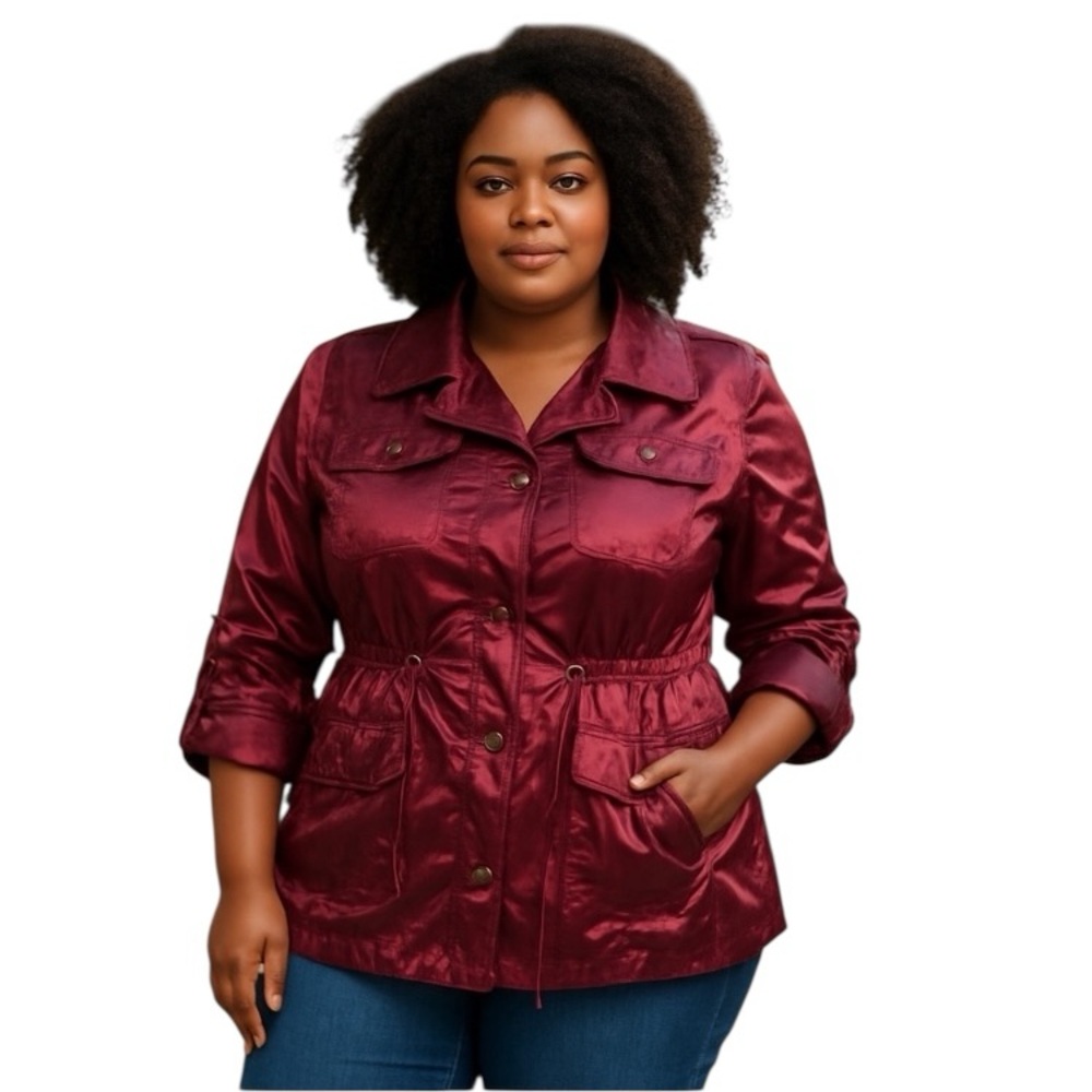 Ruby Rd. Maroon Red Wine Utility Cargo Raincoat‎ Button Front Drawstring SZ 18W